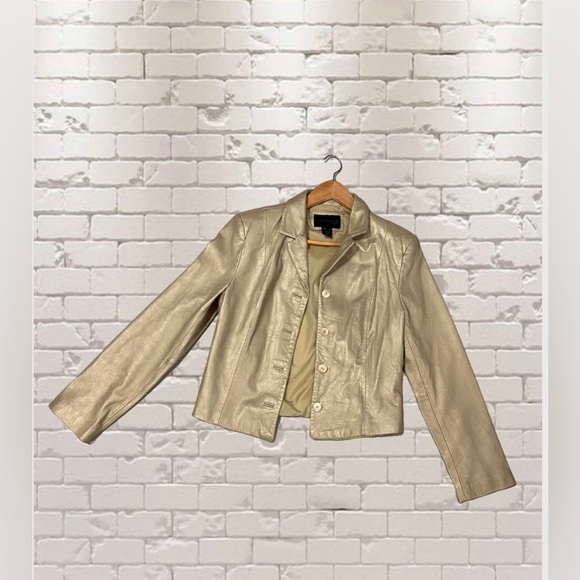 Express Gold Leather Jacket Blazer World Brand Women’s Size 7/8 Button Down - Picture 4 of 6